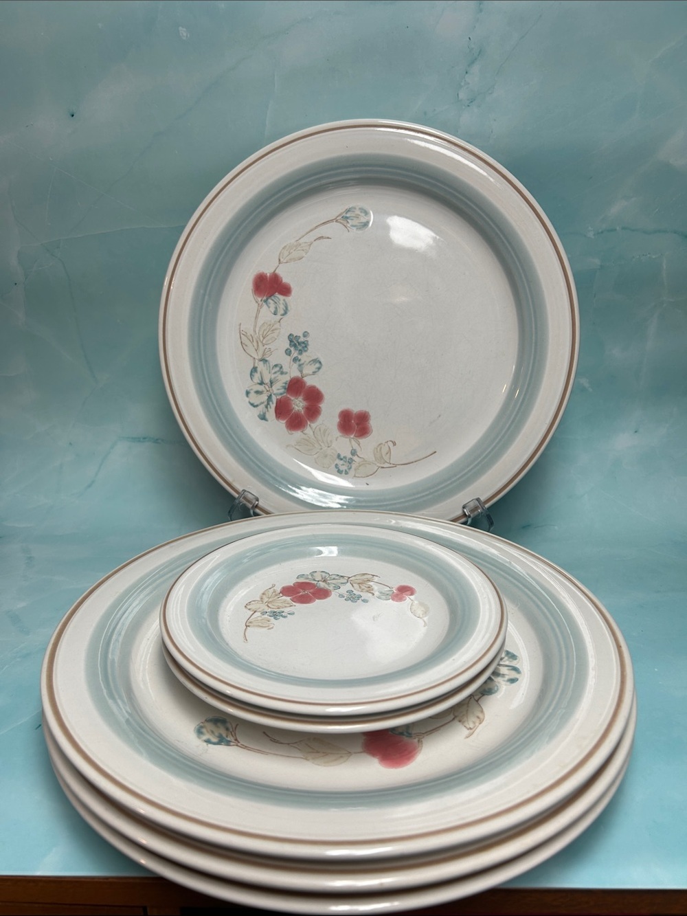 « Highlands » Country Morn vintage stoneware Blue Rim Floral Plates set of 6